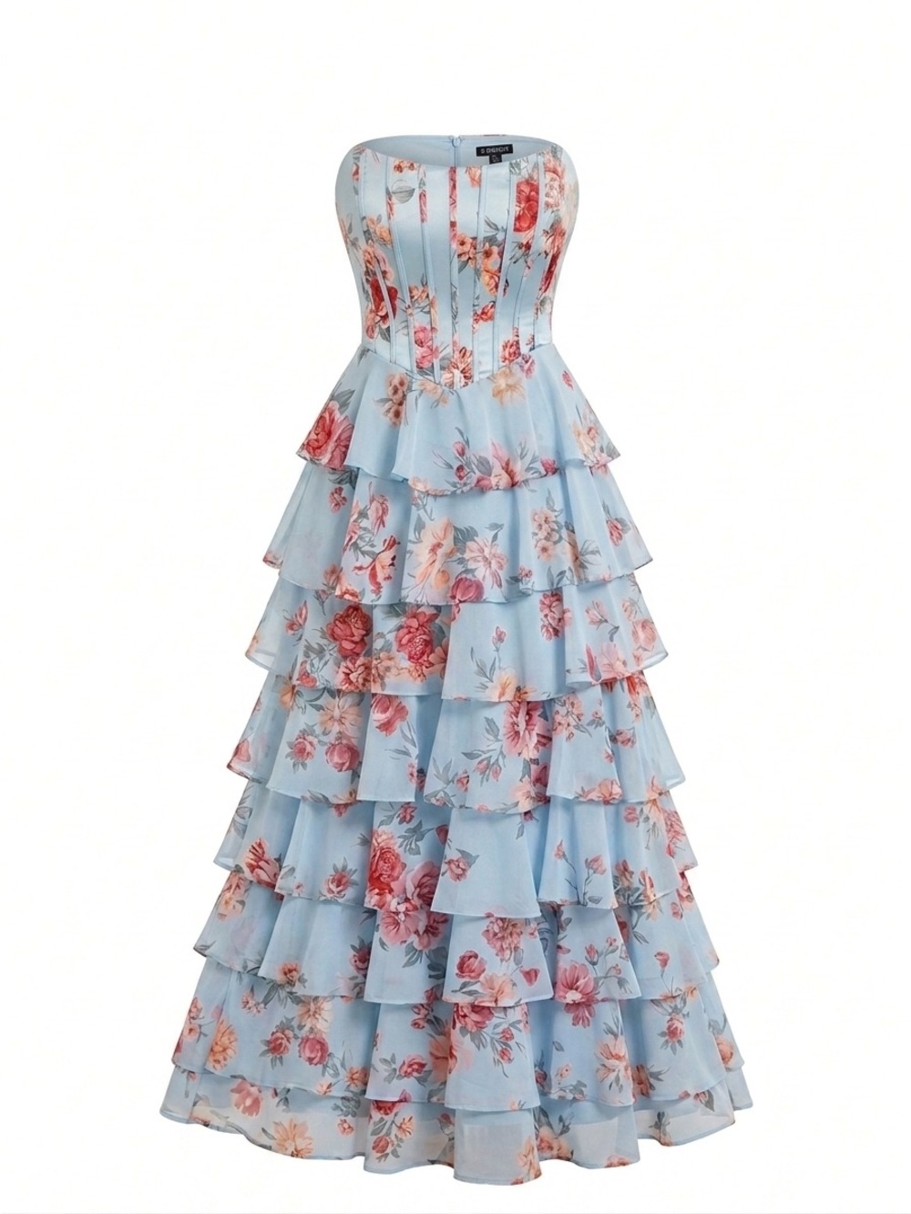 B. Darlin Light Blue Floral Maxi Dress with Pink & Red Blooms